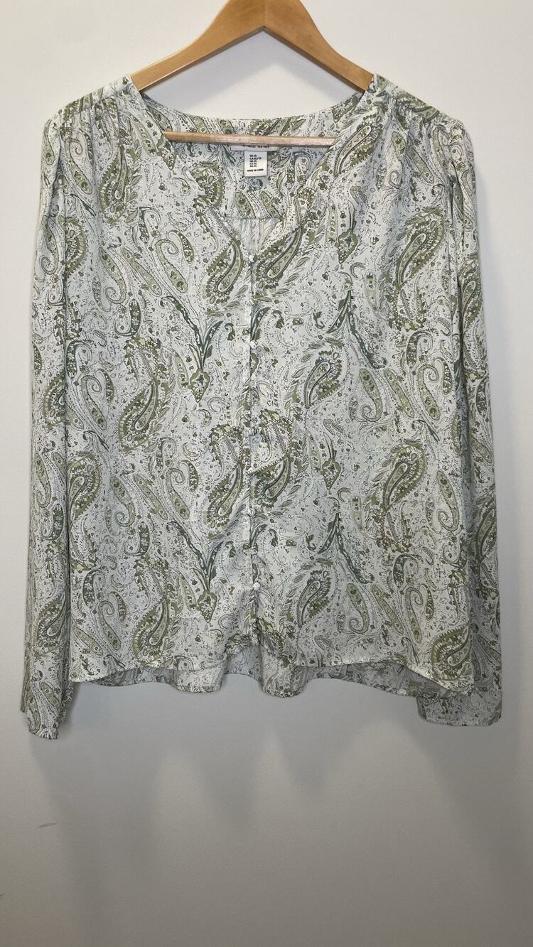Rachel Zoe Paisley Full Button Long Sleeve Cottagecore Peasant Blouse Green XL